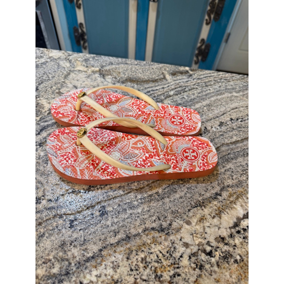 Tory Burch Shoes - Women's Tory Burch Orange Beige Printed Thin Flip Flop Sandals